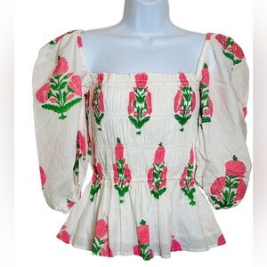 Hello Dobson The Aurora Top Balloon Sleeve Smocked Blouse Cruise Casual Size S